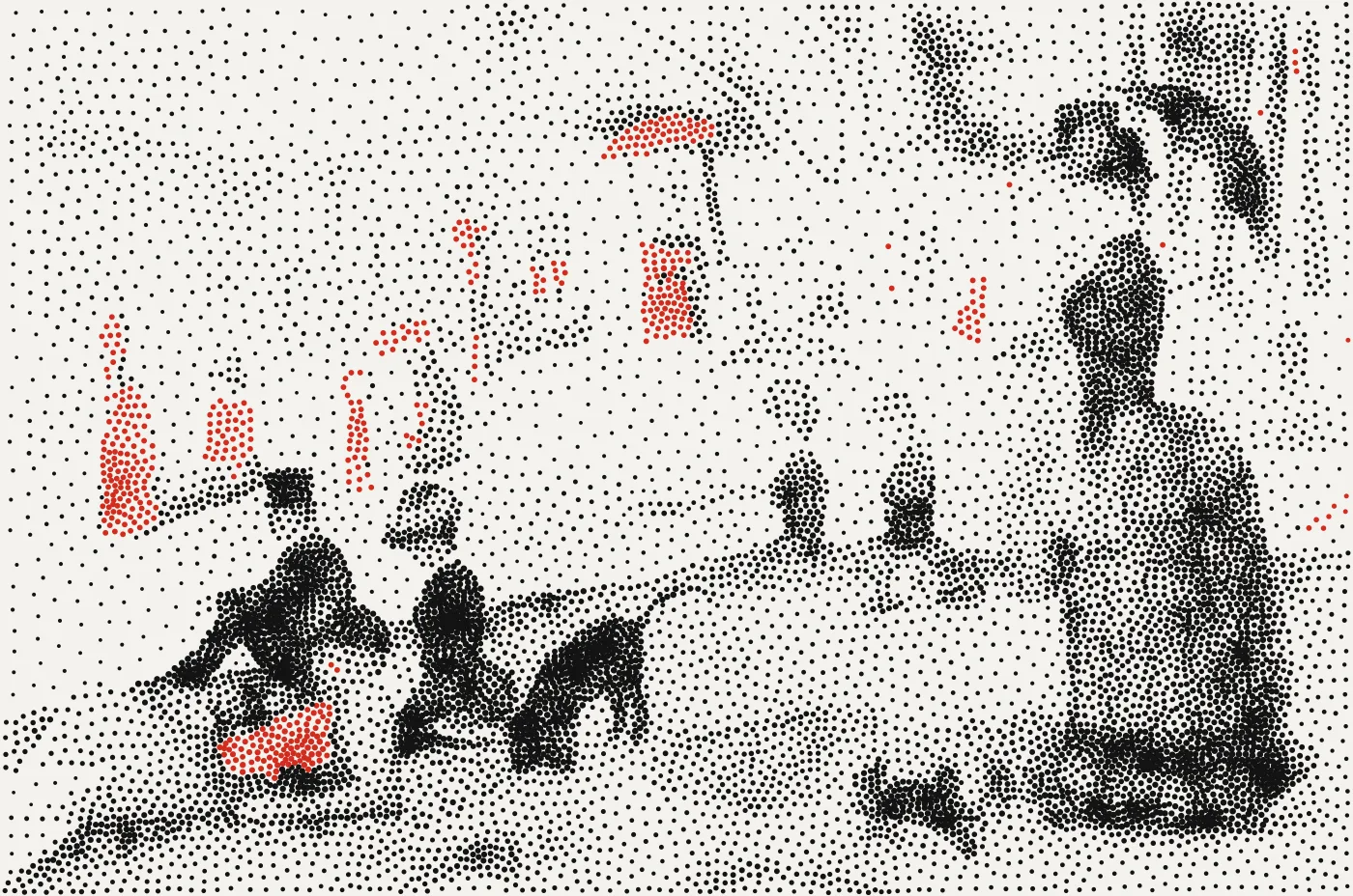 La Grande Jatte de Georges Seurat redessinée en points noirs, quelques silhouettes en rouge.